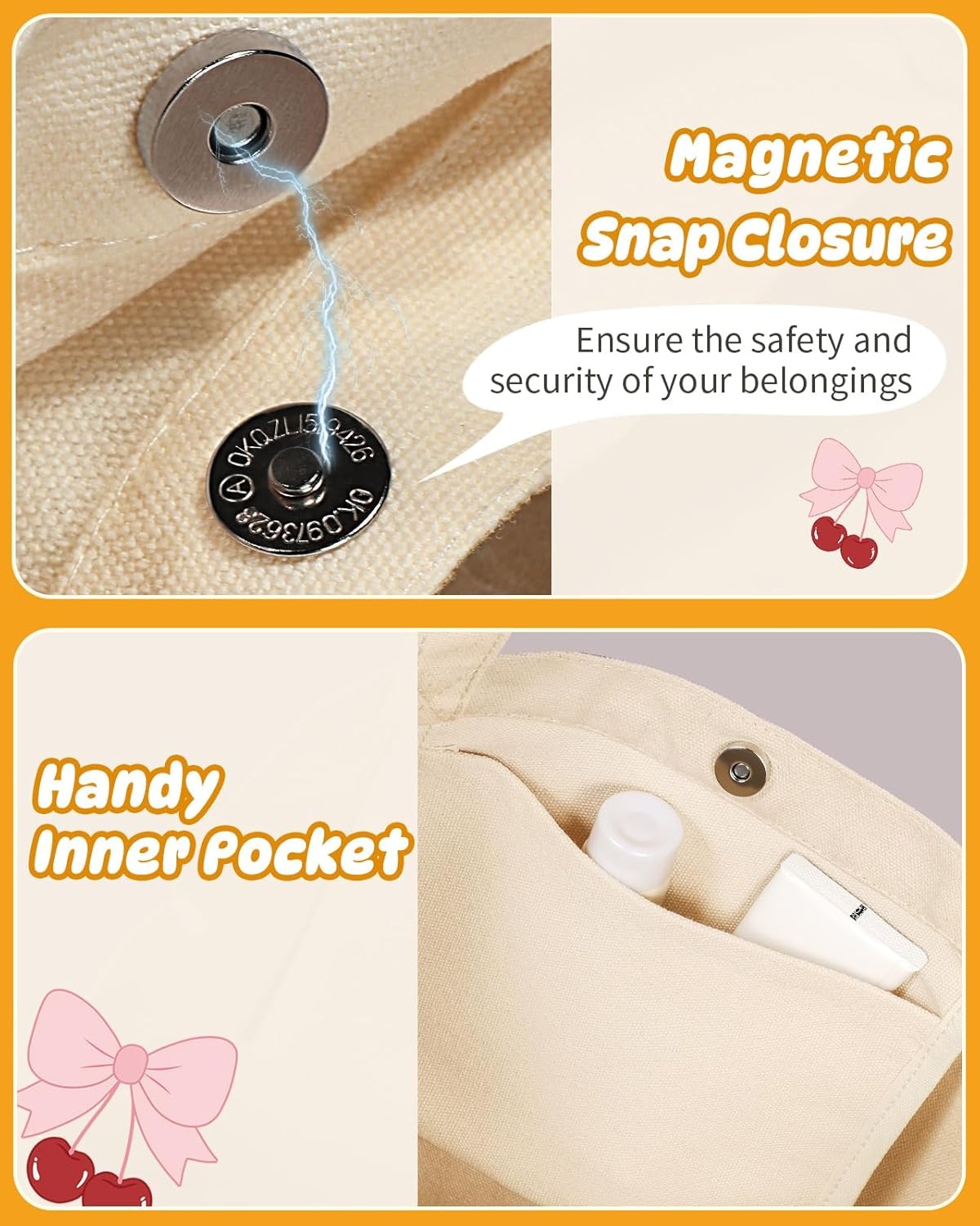 image:imageMiss Adola Funny Feet Cute Canvas Tote Bag for Women Magnetic Closure amp Inner Pocket Cartoon Cotton Tote Bags for GirlsBow Cherry