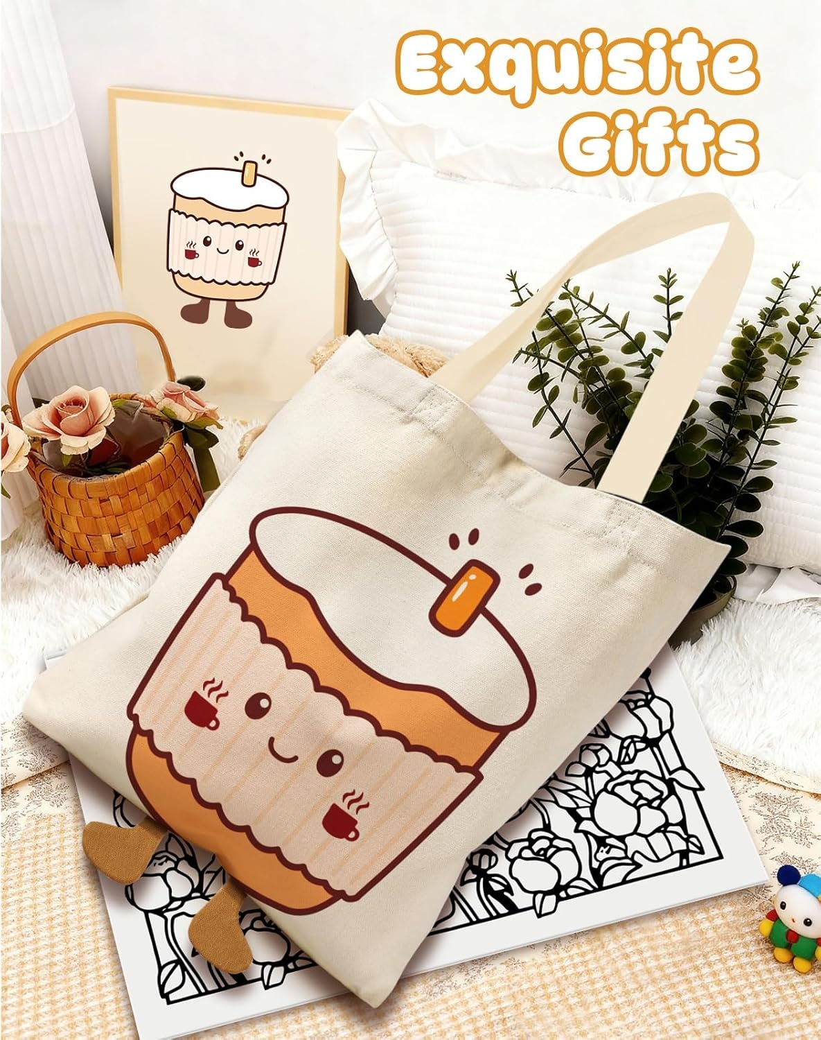 image:imageMiss Adola Funny Feet Cute Canvas Tote Bag for Women Magnetic Closure amp Inner Pocket Cartoon Cotton Tote Bags for GirlsCoffee
