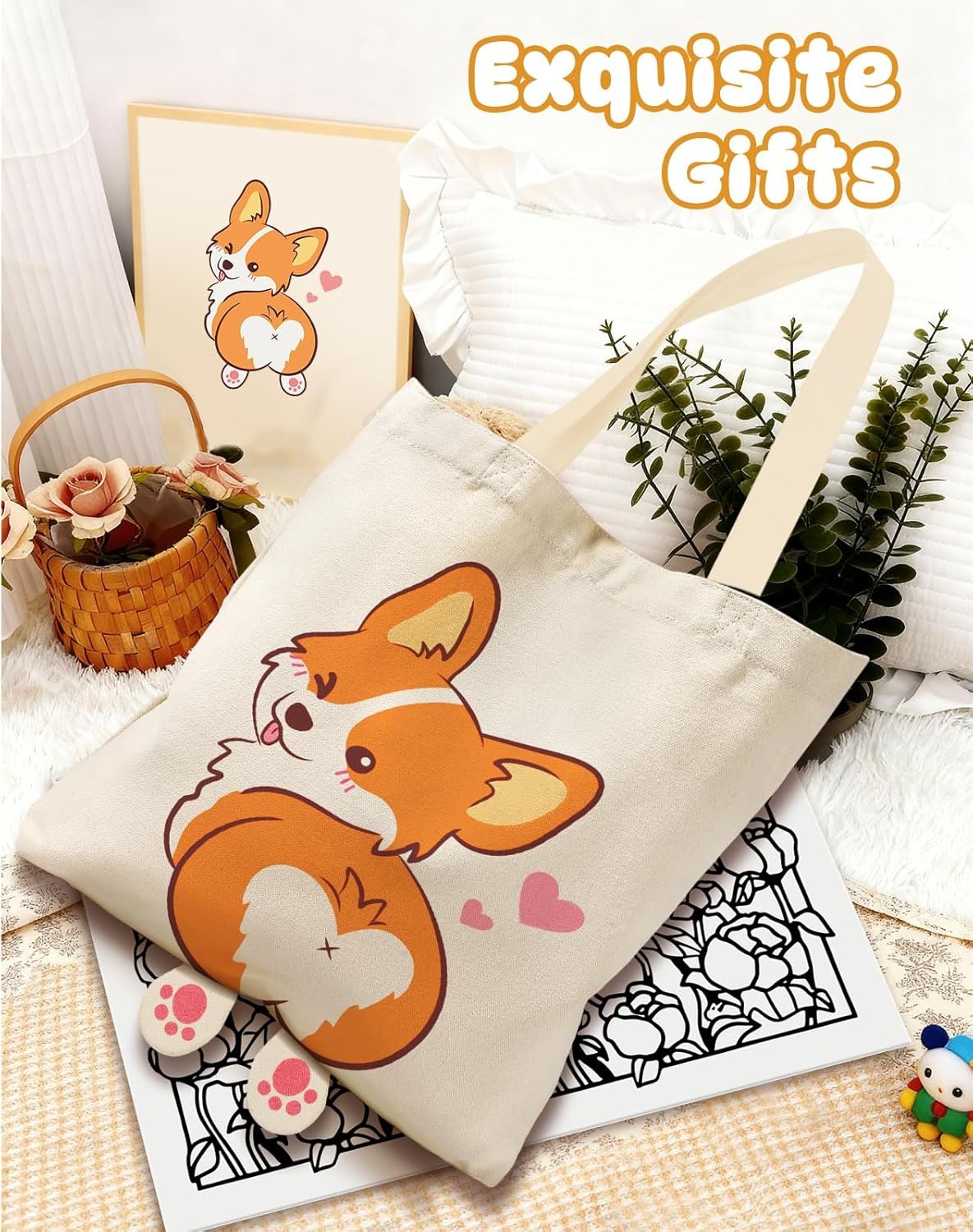 image:imageMiss Adola Funny Feet Cute Canvas Tote Bag for Women Magnetic Closure amp Inner Pocket Cartoon Cotton Tote Bags for GirlsCorgi