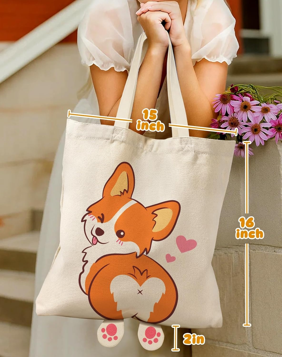 image:imageMiss Adola Funny Feet Cute Canvas Tote Bag for Women Magnetic Closure amp Inner Pocket Cartoon Cotton Tote Bags for GirlsCorgi