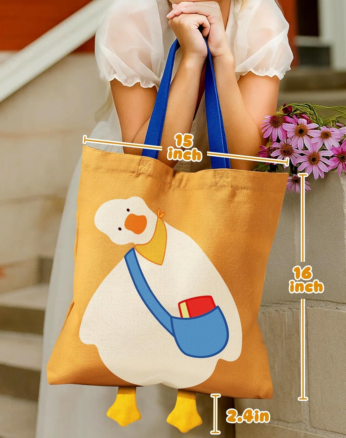image:imageMiss Adola Funny Feet Cute Canvas Tote Bag for Women Magnetic Closure amp Inner Pocket Cartoon Cotton Tote Bags for GirlsYellow Duck