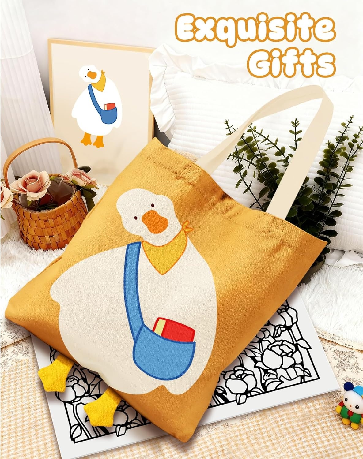 image:imageMiss Adola Funny Feet Cute Canvas Tote Bag for Women Magnetic Closure amp Inner Pocket Cartoon Cotton Tote Bags for GirlsYellow Duck