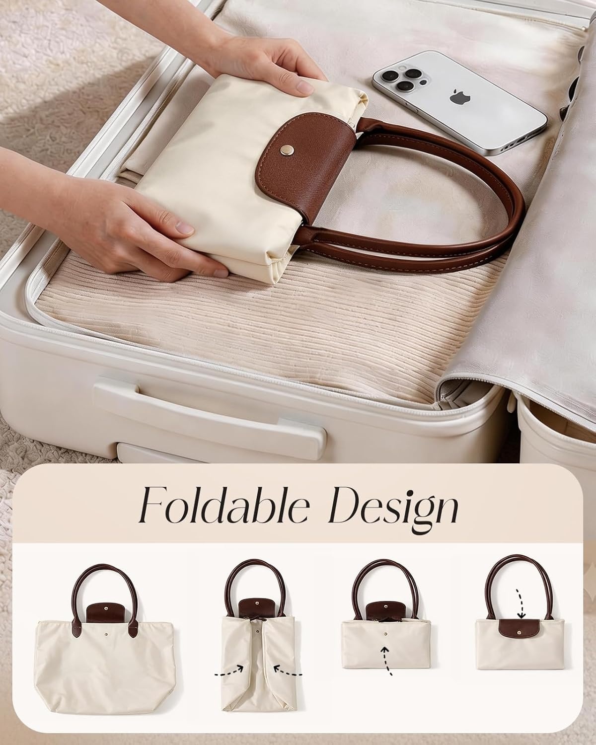 image:imageMiss Adola Nylon Tote Bag for Women Lightweight Foldable Tote Bag with Large Capacity for Travel Work TeacherBeige
