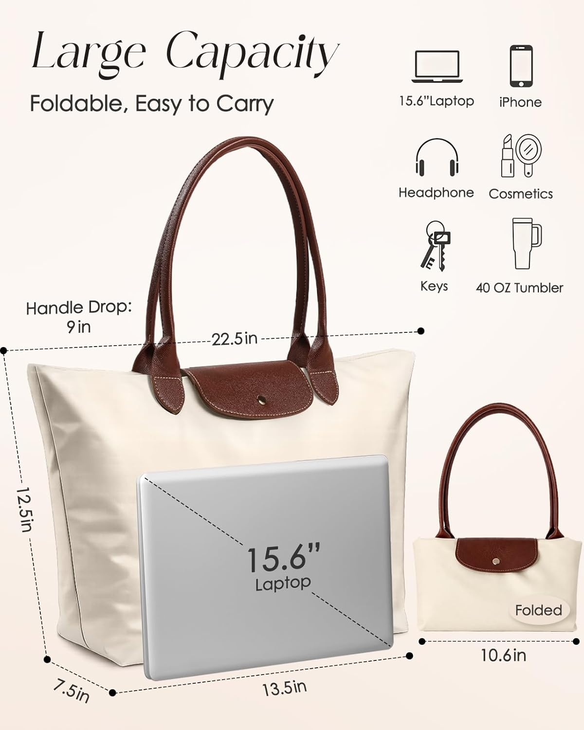 image:imageMiss Adola Nylon Tote Bag for Women Lightweight Foldable Tote Bag with Large Capacity for Travel Work TeacherBeige