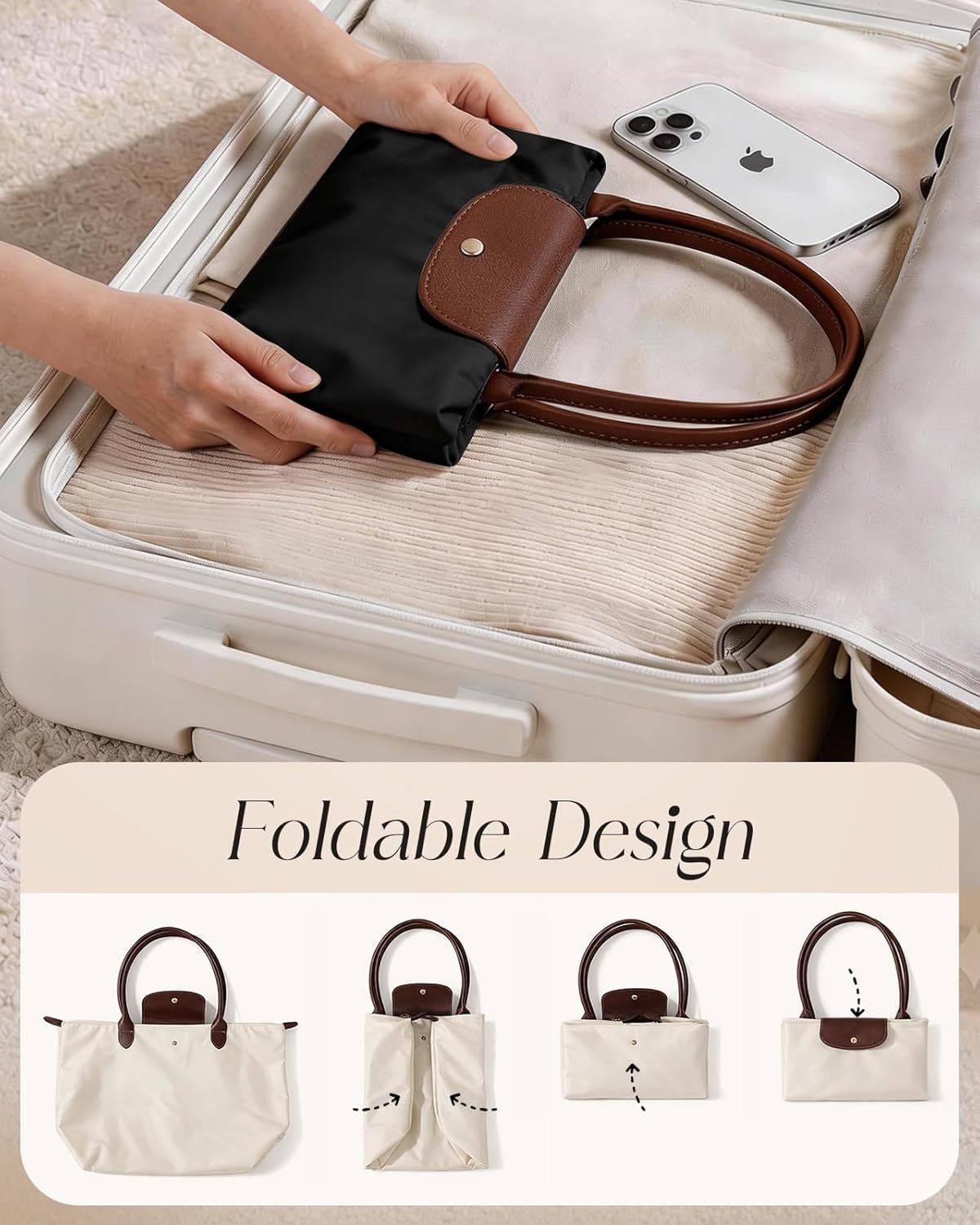 image:imageMiss Adola Nylon Tote Bag for Women Lightweight Foldable Tote Bag with Large Capacity for Travel Work TeacherBlack