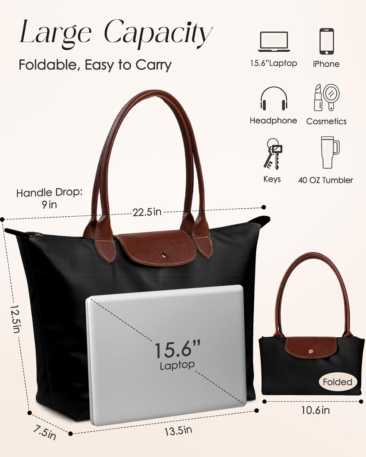 image:imageMiss Adola Nylon Tote Bag for Women Lightweight Foldable Tote Bag with Large Capacity for Travel Work TeacherBlack