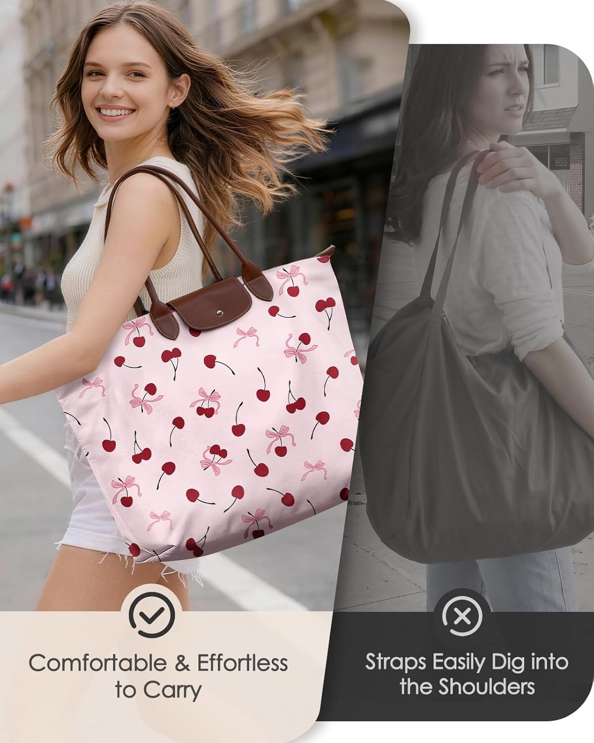 image:imageMiss Adola Nylon Tote Bag for Women Lightweight Foldable Tote Bag with Large Capacity for Travel Work TeacherCherry Bow