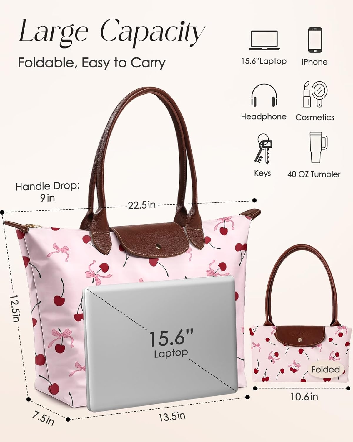 image:imageMiss Adola Nylon Tote Bag for Women Lightweight Foldable Tote Bag with Large Capacity for Travel Work TeacherCherry Bow