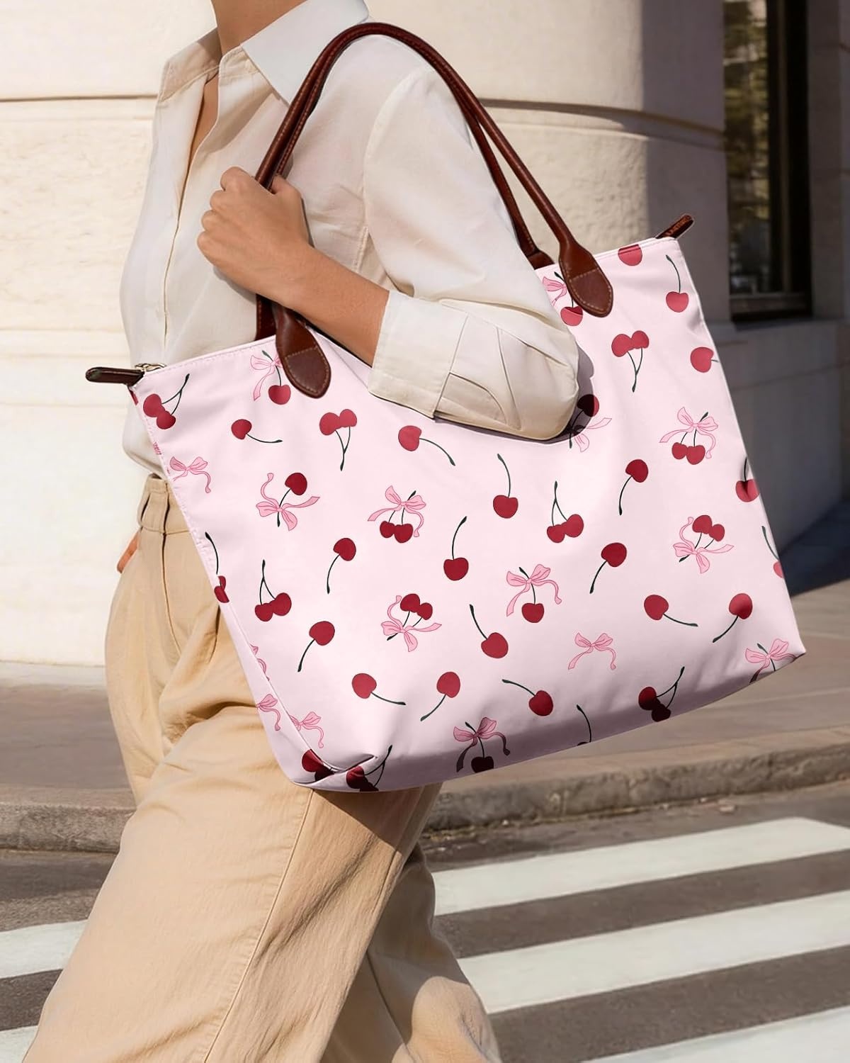 image:imageMiss Adola Nylon Tote Bag for Women Lightweight Foldable Tote Bag with Large Capacity for Travel Work TeacherCherry Bow