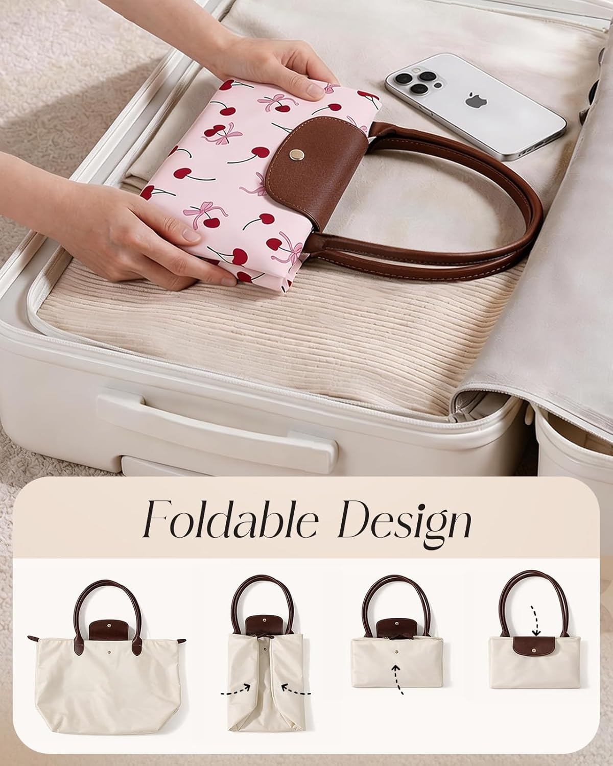 image:imageMiss Adola Nylon Tote Bag for Women Lightweight Foldable Tote Bag with Large Capacity for Travel Work TeacherCherry Bow