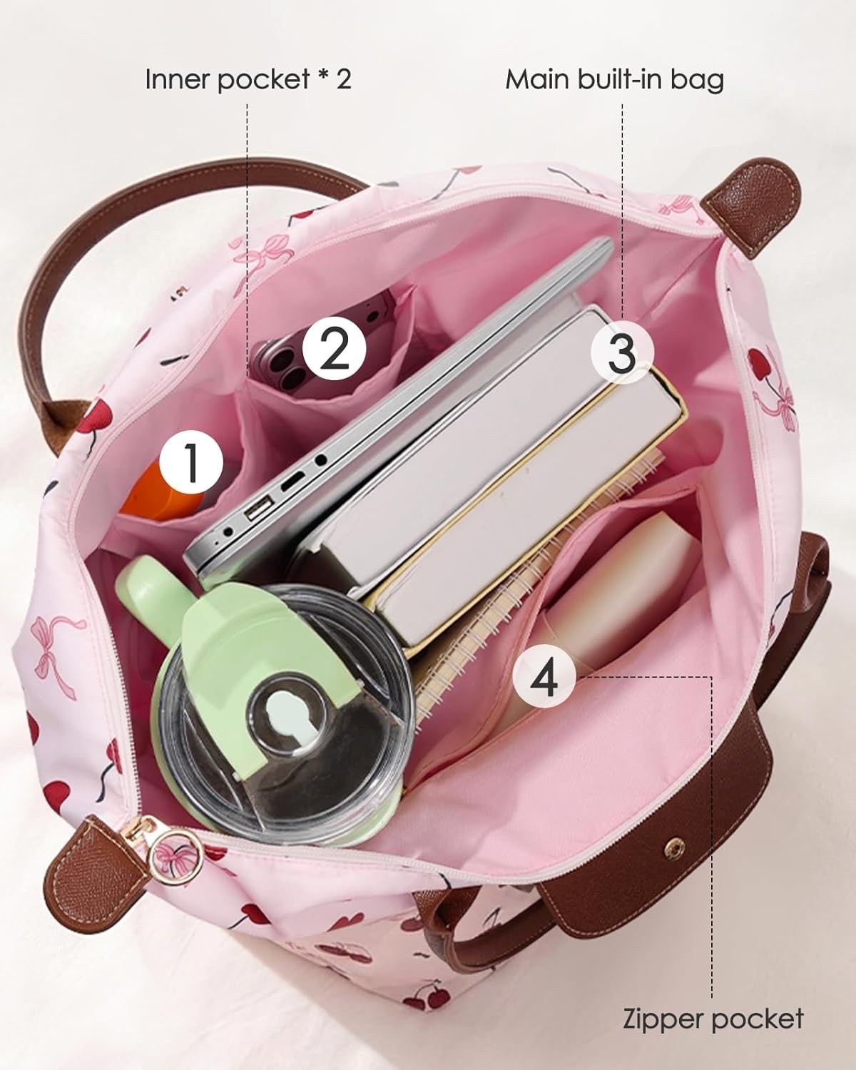 image:imageMiss Adola Nylon Tote Bag for Women Lightweight Foldable Tote Bag with Large Capacity for Travel Work TeacherCherry Bow