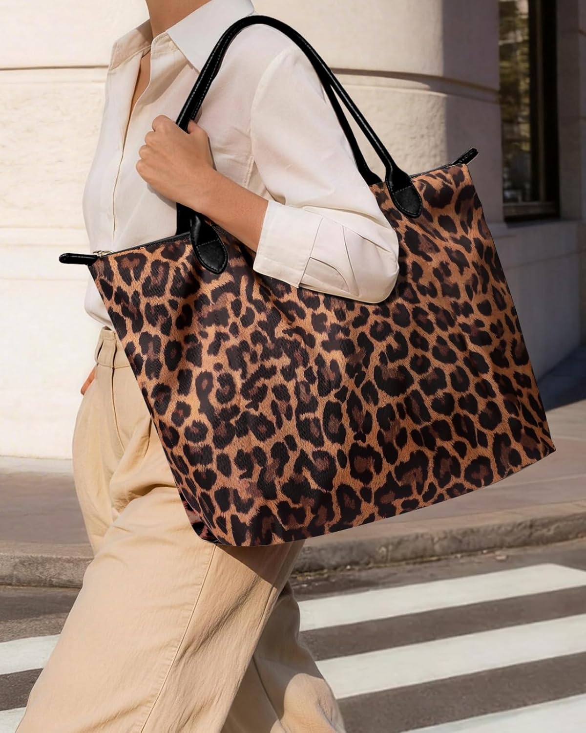 image:imageMiss Adola Nylon Tote Bag for Women Lightweight Foldable Tote Bag with Large Capacity for Travel Work TeacherLeopard