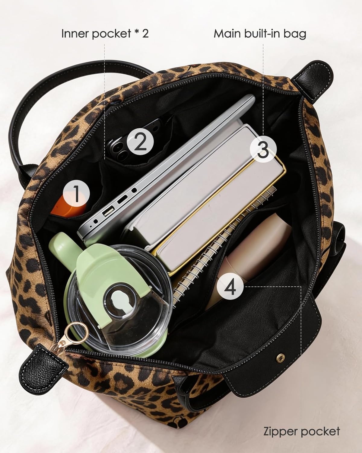 image:imageMiss Adola Nylon Tote Bag for Women Lightweight Foldable Tote Bag with Large Capacity for Travel Work TeacherLeopard