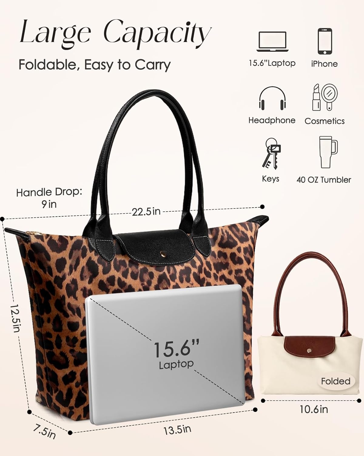 image:imageMiss Adola Nylon Tote Bag for Women Lightweight Foldable Tote Bag with Large Capacity for Travel Work TeacherLeopard
