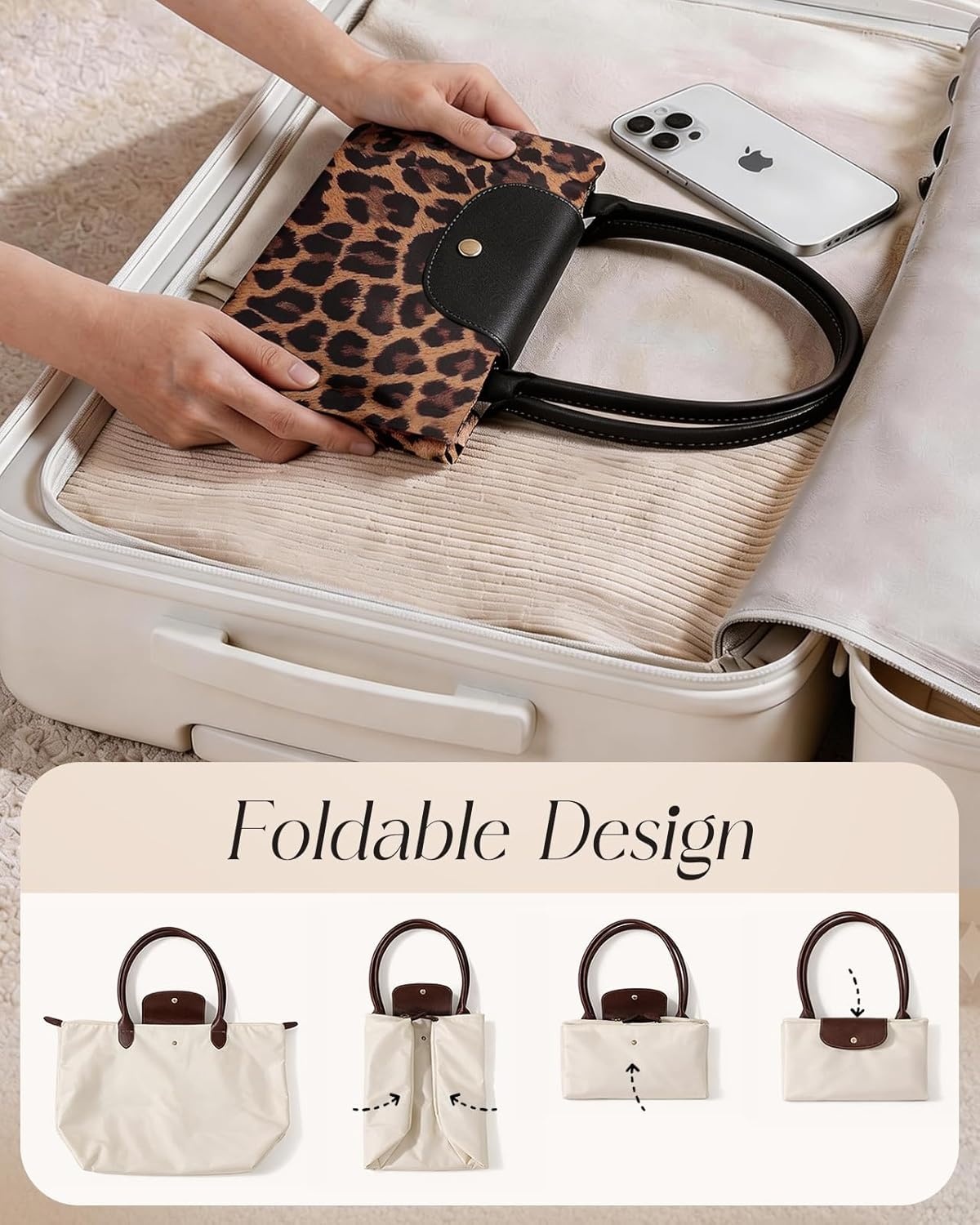 image:imageMiss Adola Nylon Tote Bag for Women Lightweight Foldable Tote Bag with Large Capacity for Travel Work TeacherLeopard