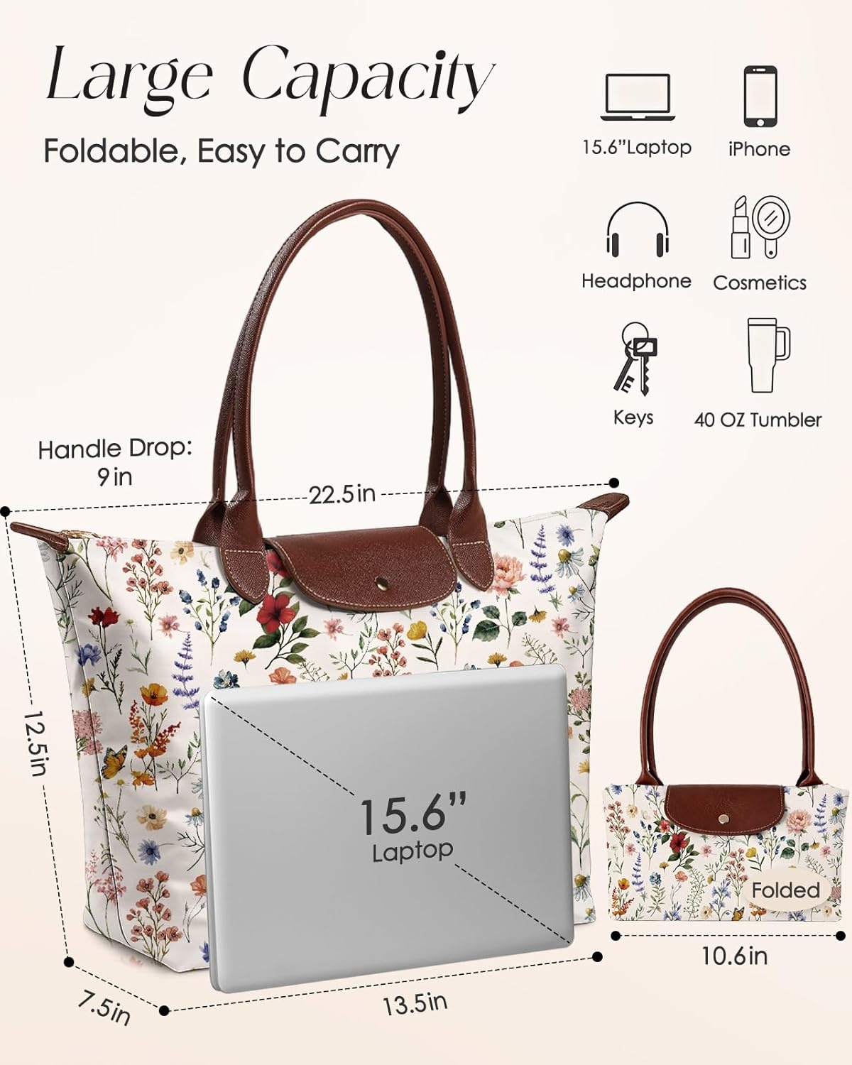 image:imageMiss Adola Nylon Tote Bag for Women Lightweight Foldable Tote Bag with Large Capacity for Travel Work TeacherVintage Floral