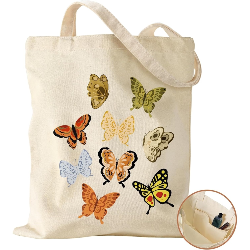 image:imageMiss Adola Aesthetic Canvas Tote Bag with Inner Pocket for Women Cloth Cotton Totes Bag with Pattern for Shopping Gym Watercolor Butterfly