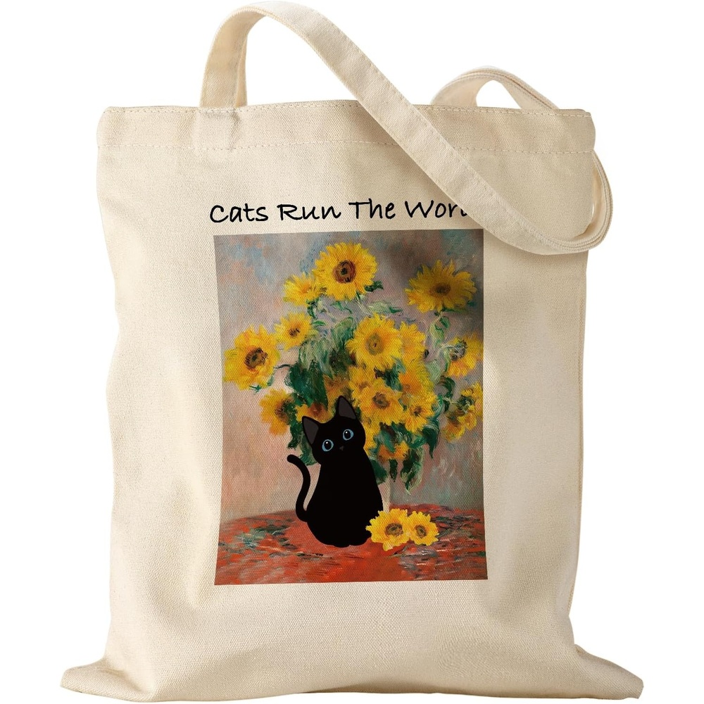 image:imageMiss Adola Aesthetic Canvas Tote Bag with Inner Pocket for Women Unique Funny Pattern Design Casual Sturdy Cloth Cotton Totes Bag with Pattern for Vacation Shopping Work Gym Sunflower Cats