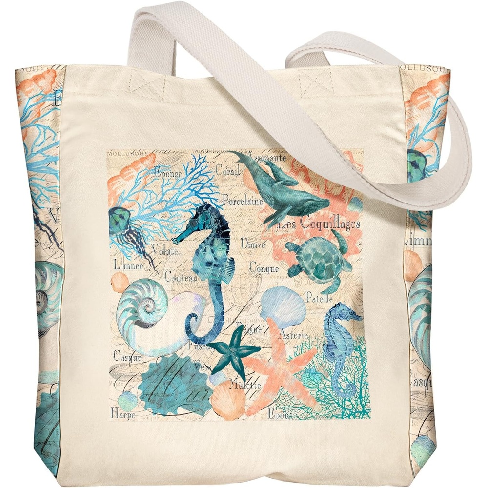 image:imageMiss Adola Aesthetic Heavy Canvas Tote Bag with Pocket for Women Large Cloth Cotton Tote Bag for Shopping Gym Work Travel Beach Vacation Marine Life