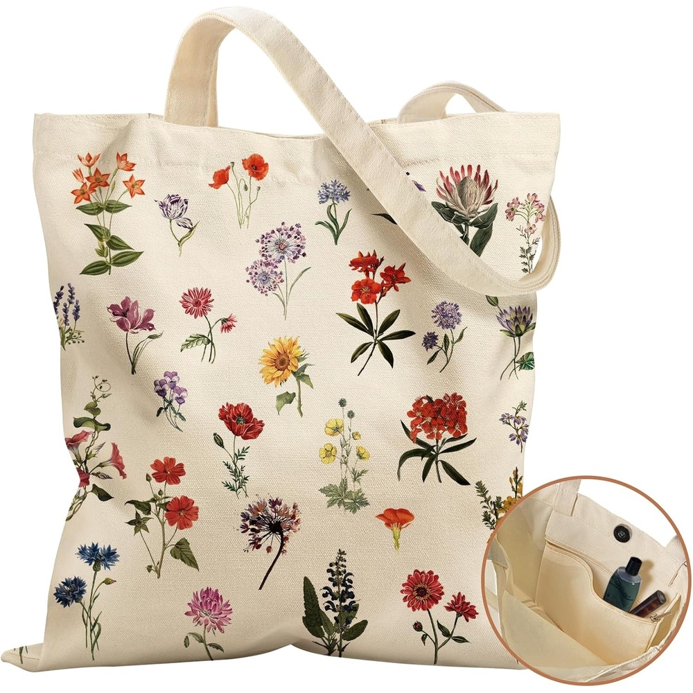 image:imageMiss Adola Aesthetic Tote Bag with Magnetic Buckle and Zipper Inner Pocket for Women Lady Cloth Cotton Tote Bag for Gym Work Travel Shopping Little Flower