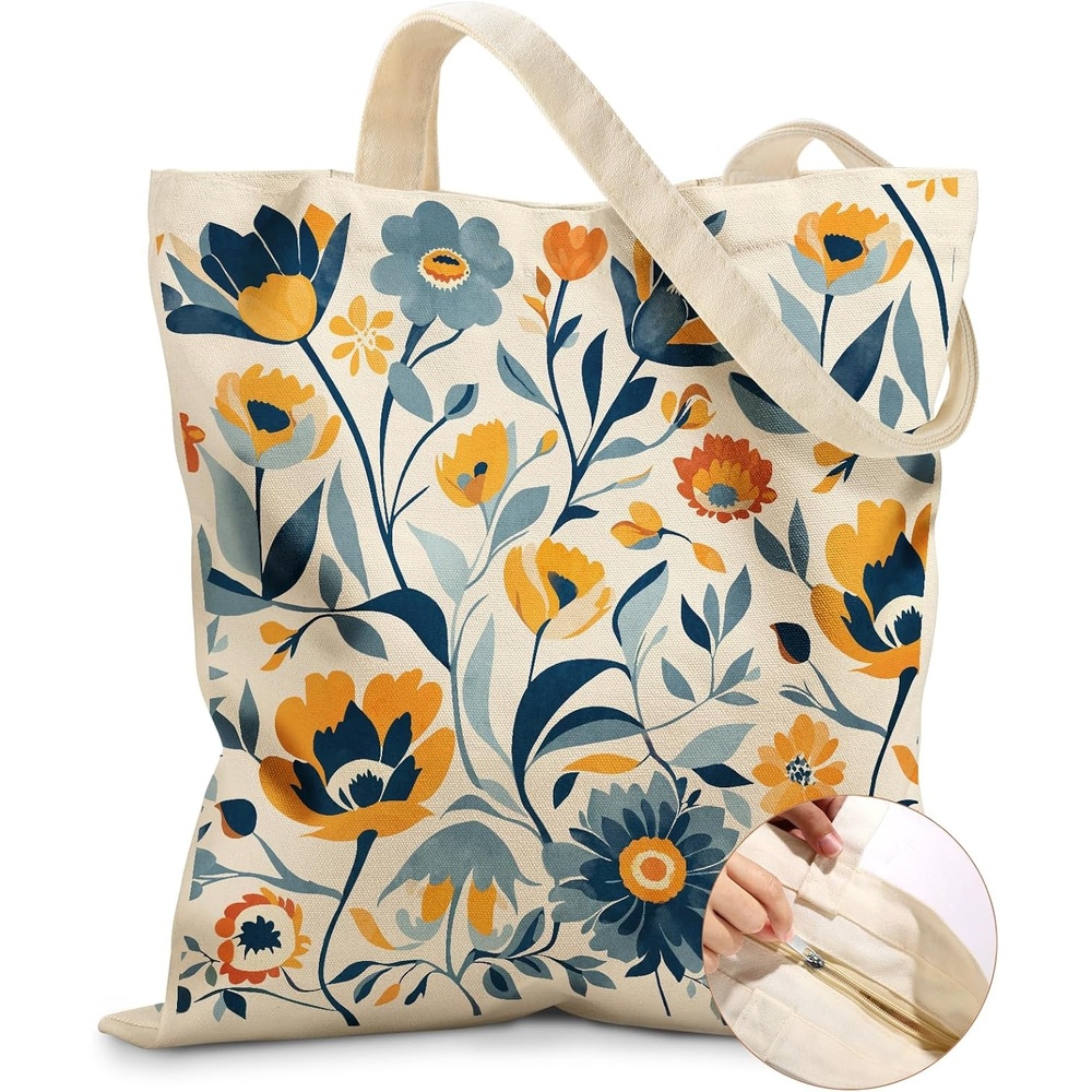 image:imageMiss Adola Canvas Tote Bag for Women Aesthetic Canvas Bag with Zipper Cute Stylish Reusable Shoulder Totes for Shopping Work Daily Vacation Bianfu FlowerBlue Yellow Flower