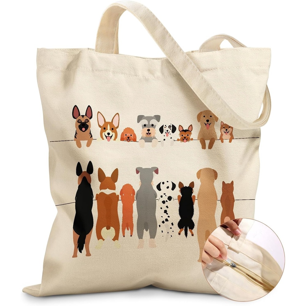 image:imageMiss Adola Canvas Tote Bag for Women Aesthetic Canvas Bag with Zipper Cute Stylish Reusable Shoulder Totes for Shopping Work Daily Vacation Bianfu FlowerMulti Puppies