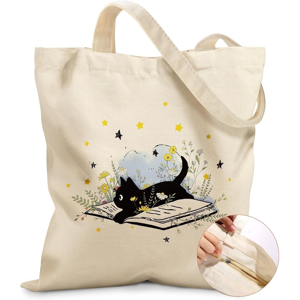 image:imageMiss Adola Canvas Tote Bag for Women Aesthetic Canvas Bag with Zipper Cute Stylish Reusable Shoulder Totes for Shopping Work Daily Vacation Bianfu FlowerCat Read
