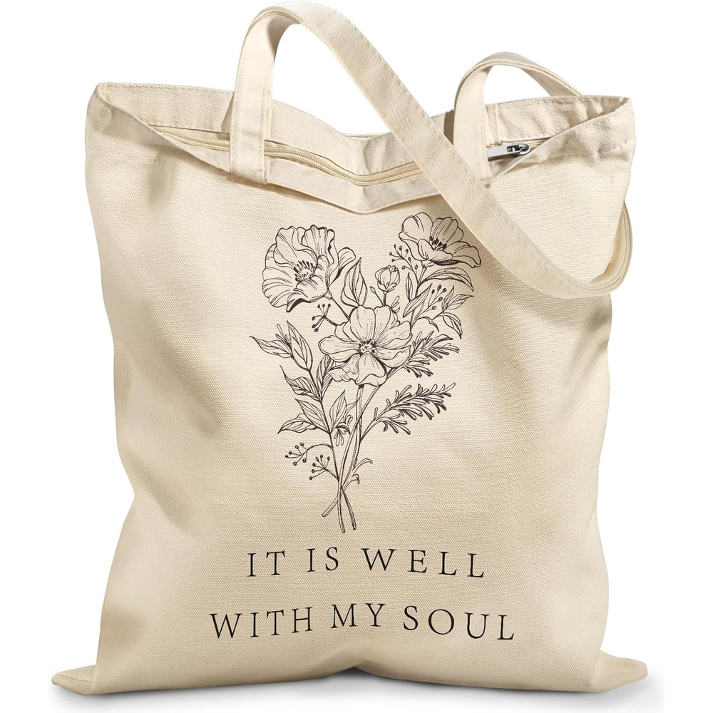 image:imageMiss Adola Canvas Tote Bag with Zipper Cute Canvas Bags for Women Aesthetic Design Reusable Totes for Shopping Work TravelBible Flower