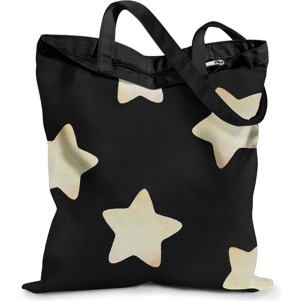 image:imageMiss Adola Canvas Tote Bag with Zipper Cute Canvas Bags for Women Aesthetic Design Reusable Totes for Shopping Work TravelBlack Stars