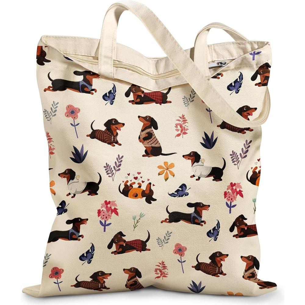 image:imageMiss Adola Canvas Tote Bag with Zipper Cute Canvas Bags for Women Aesthetic Design Reusable Totes for Shopping Work TravelColorful Dachshund