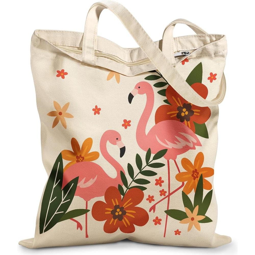 image:imageMiss Adola Canvas Tote Bag with Zipper Cute Canvas Bags for Women Aesthetic Design Reusable Totes for Shopping Work TravelFlamingo