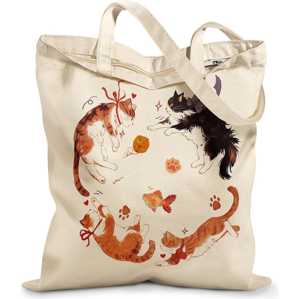 image:imageMiss Adola Canvas Tote Bag with Zipper Cute Canvas Bags for Women Aesthetic Design Reusable Totes for Shopping Work TravelFour Cats