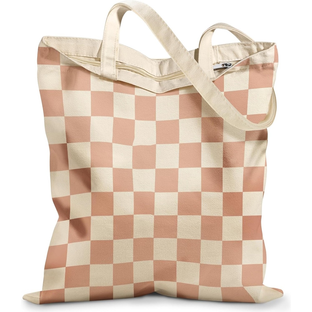 image:imageMiss Adola Canvas Tote Bag with Zipper Cute Canvas Bags for Women Aesthetic Design Reusable Totes for Shopping Work TravelKhaki Plaid