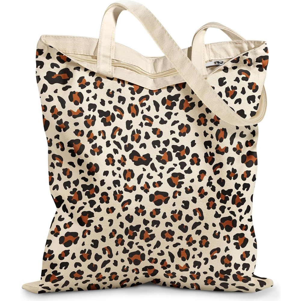 image:imageMiss Adola Canvas Tote Bag with Zipper Cute Canvas Bags for Women Aesthetic Design Reusable Totes for Shopping Work TravelLeopard Print