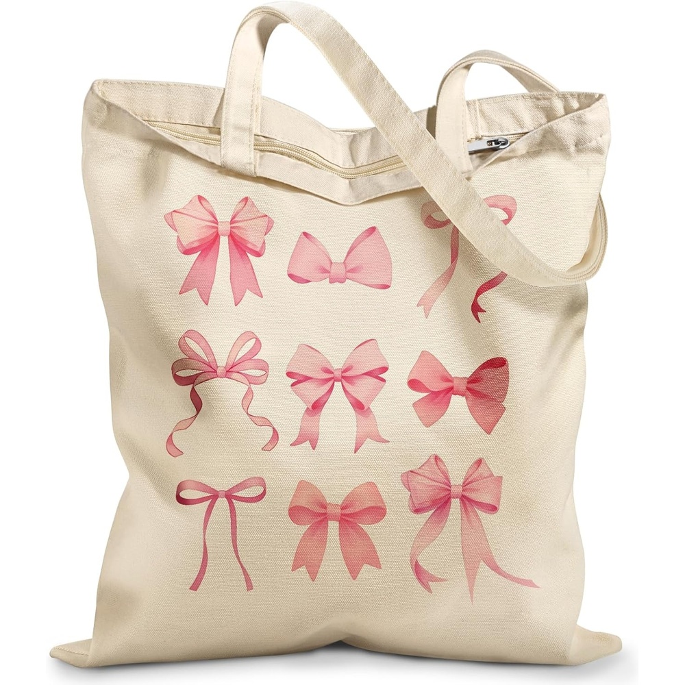 image:imageMiss Adola Canvas Tote Bag with Zipper Cute Canvas Bags for Women Aesthetic Design Reusable Totes for Shopping Work TravelPk Bow Knot