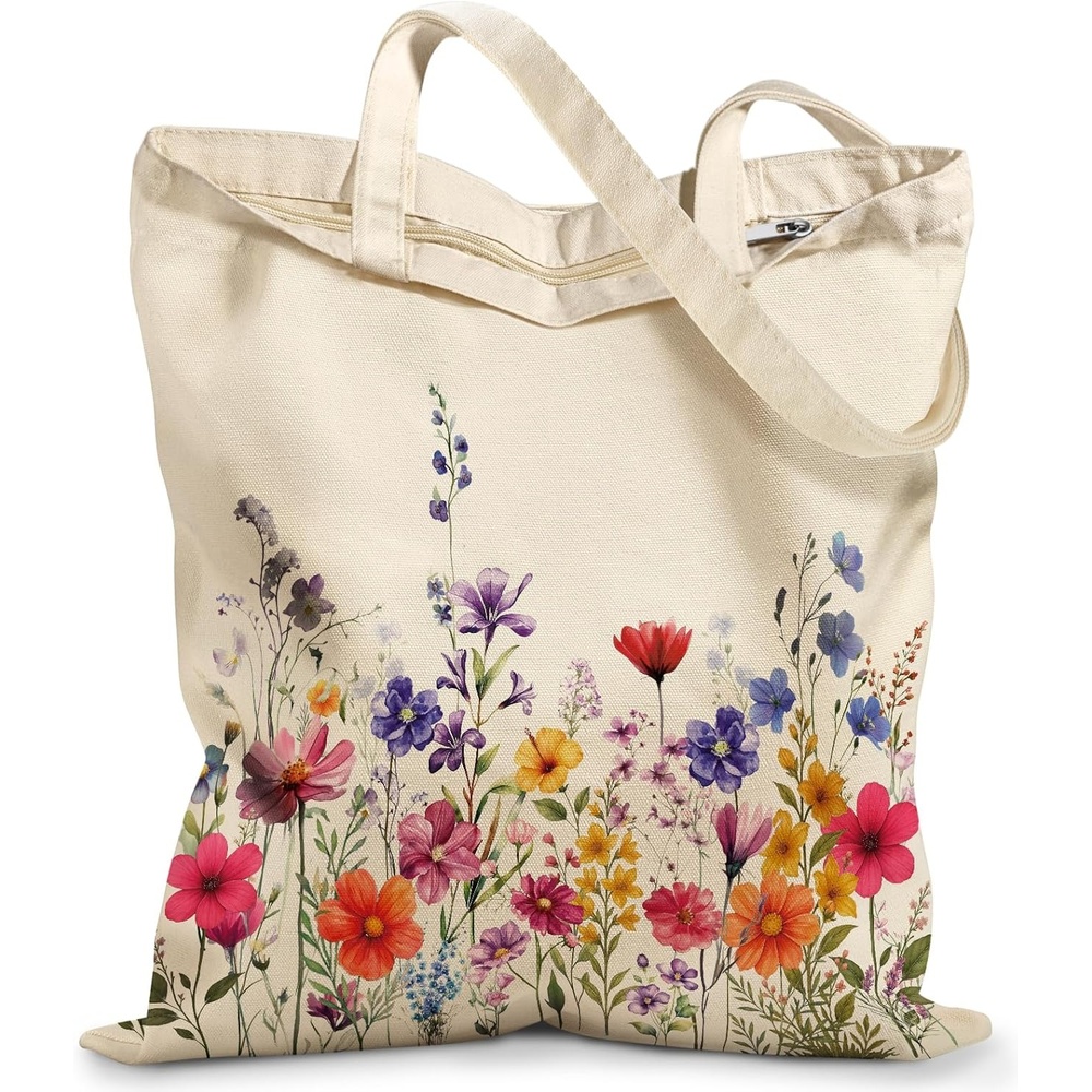 image:imageMiss Adola Canvas Tote Bag with Zipper Cute Canvas Bags for Women Aesthetic Design Reusable Totes for Shopping Work TravelPoppy Bouquet