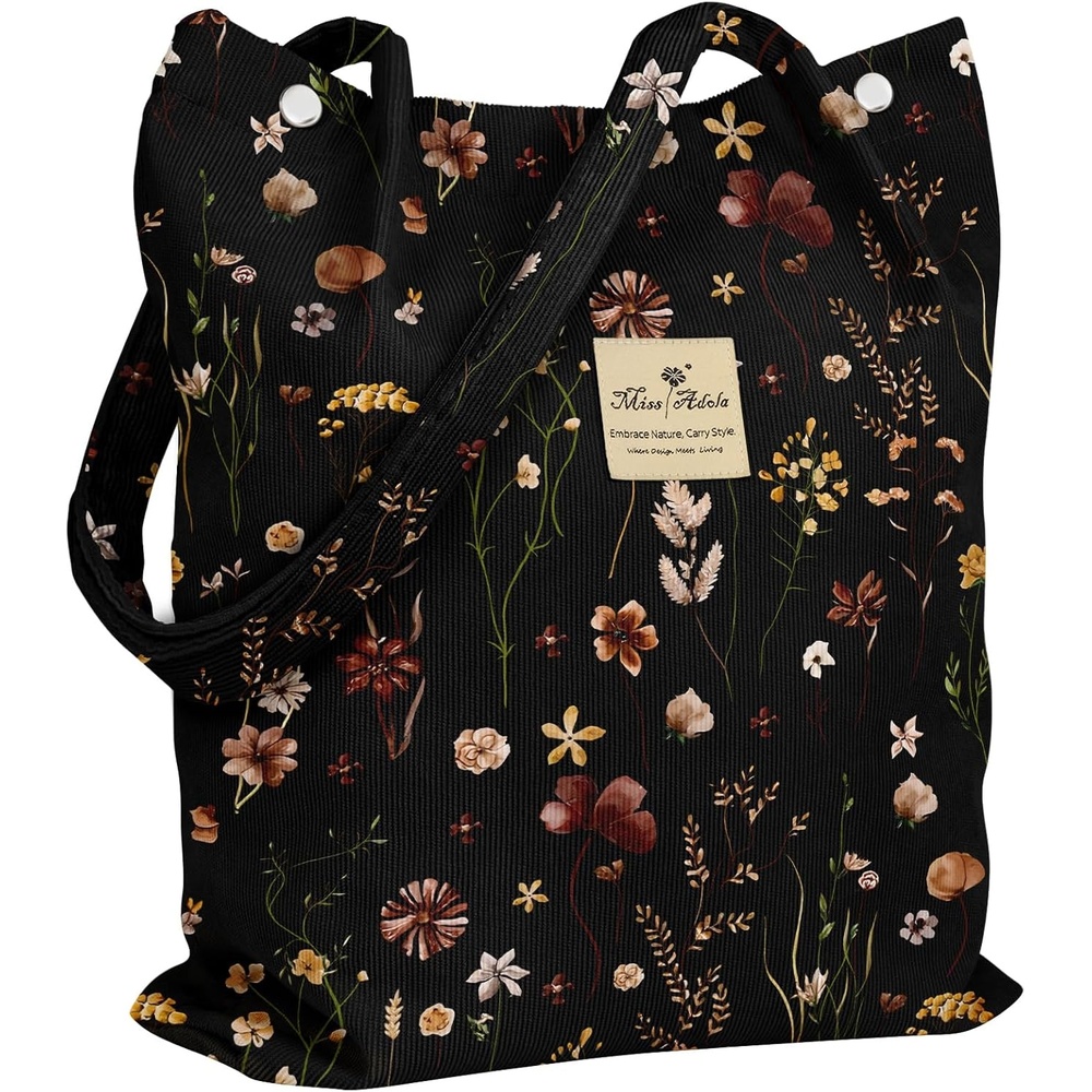 image:imageMiss Adola Corduroy Tote Bag for Women Reusable Totes with Magnetic Buckle amp Pocket Aesthetic Design Work Grocery BagsBlack Grow Flower