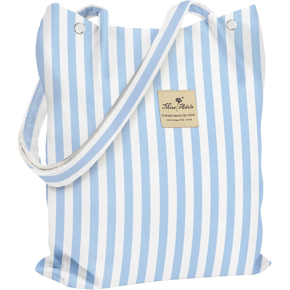 image:imageMiss Adola Corduroy Tote Bag for Women Reusable Totes with Magnetic Buckle amp Pocket Aesthetic Design Work Grocery BagsBlue Stripe