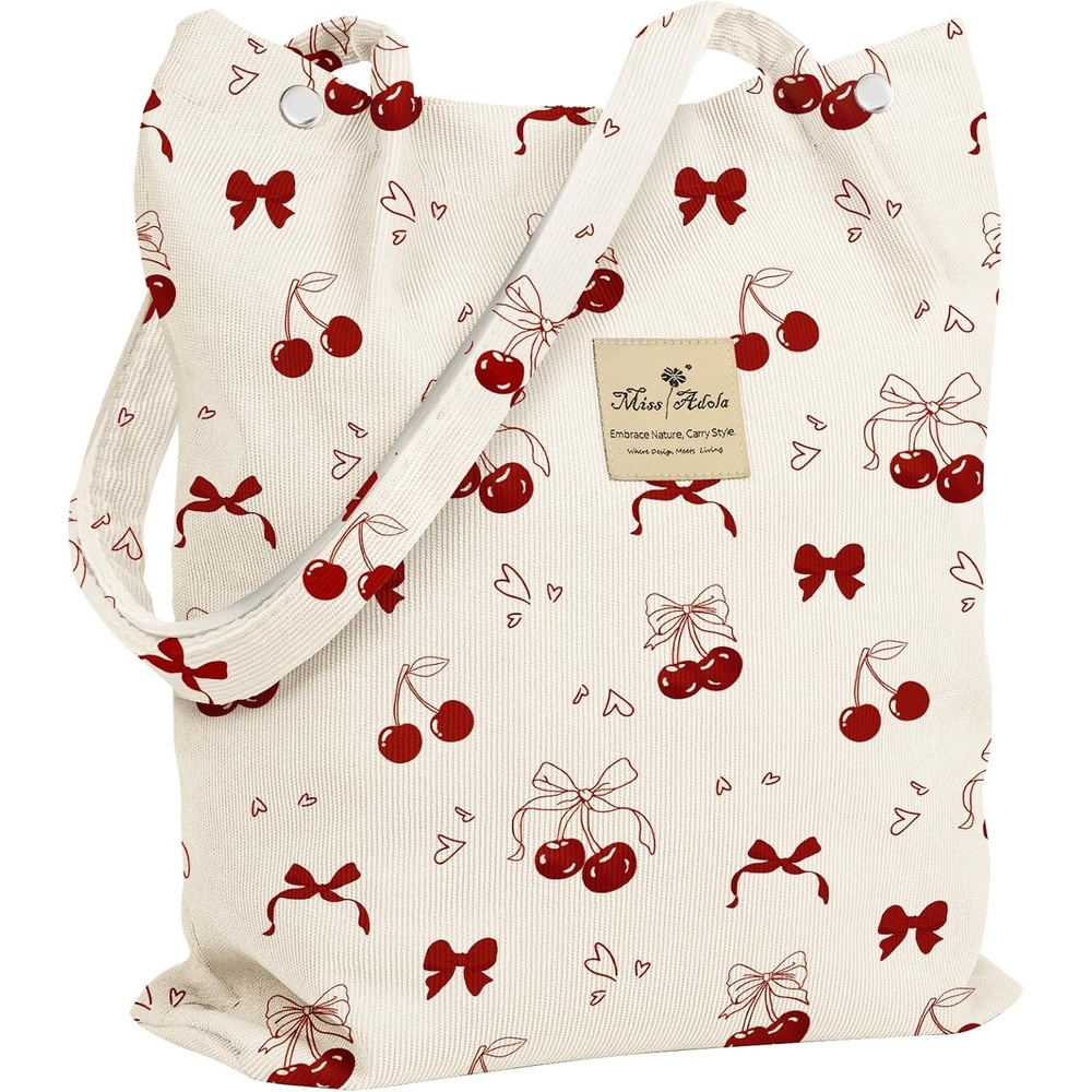 image:imageMiss Adola Corduroy Tote Bag for Women Reusable Totes with Magnetic Buckle amp Pocket Aesthetic Design Work Grocery BagsBow Cherry