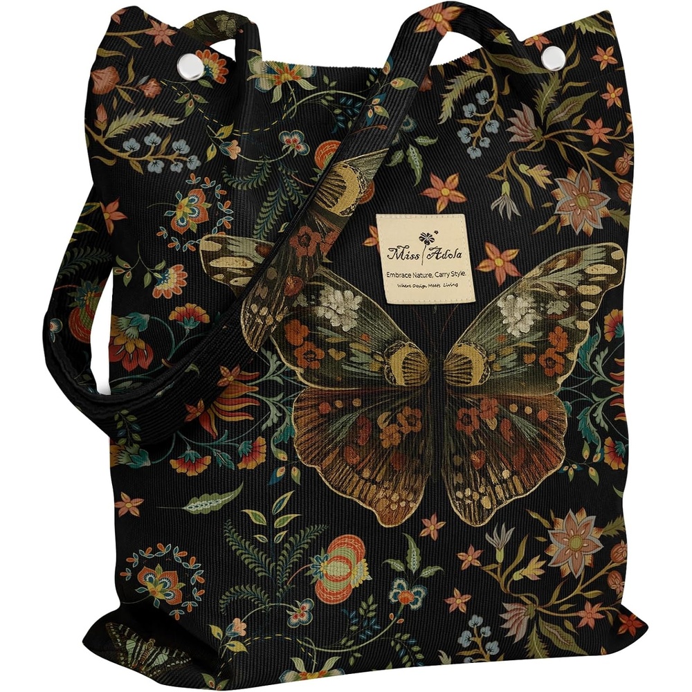 image:imageMiss Adola Corduroy Tote Bag for Women Reusable Totes with Magnetic Buckle amp Pocket Aesthetic Design Work Grocery BagsFloral Butterfly