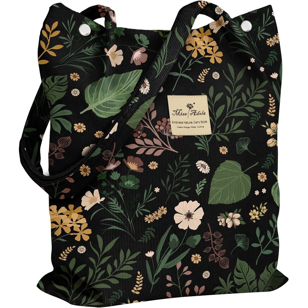 image:imageMiss Adola Corduroy Tote Bag for Women Reusable Totes with Magnetic Buckle amp Pocket Aesthetic Design Work Grocery BagsGreen Pk Flower
