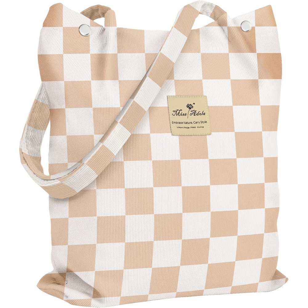 image:imageMiss Adola Corduroy Tote Bag for Women Reusable Totes with Magnetic Buckle amp Pocket Aesthetic Design Work Grocery BagsKhaki Plaid