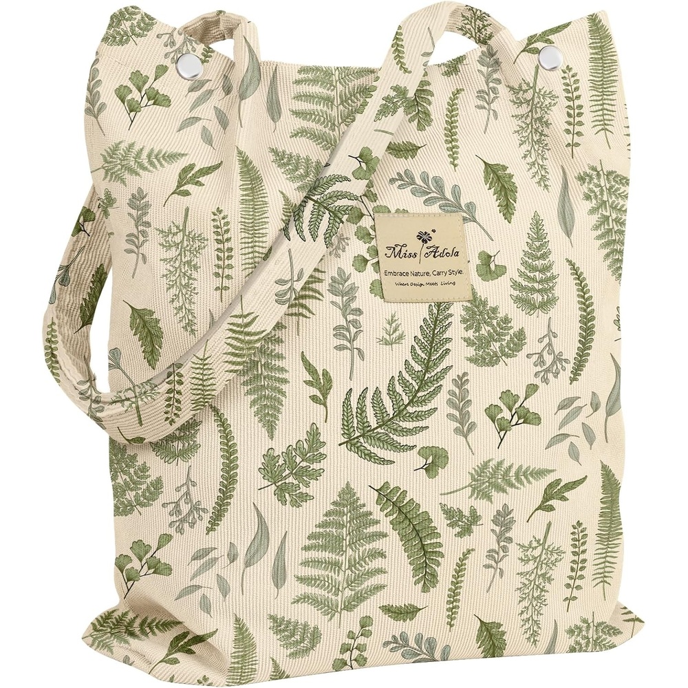 image:imageMiss Adola Corduroy Tote Bag for Women Reusable Totes with Magnetic Buckle amp Pocket Aesthetic Design Work Grocery BagsLeaf Collection
