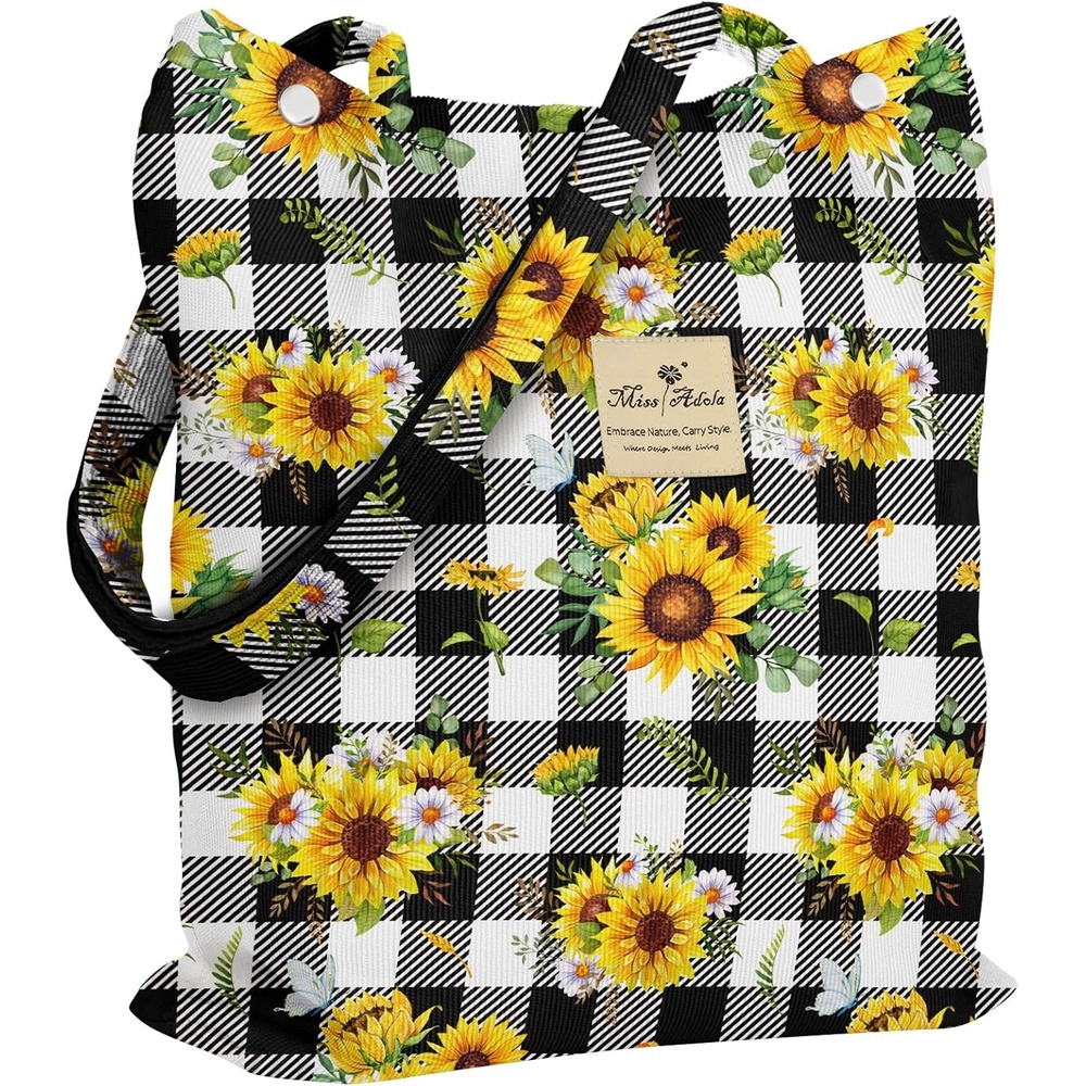 image:imageMiss Adola Corduroy Tote Bag for Women Reusable Totes with Magnetic Buckle amp Pocket Aesthetic Design Work Grocery BagsPlaid Sunflower