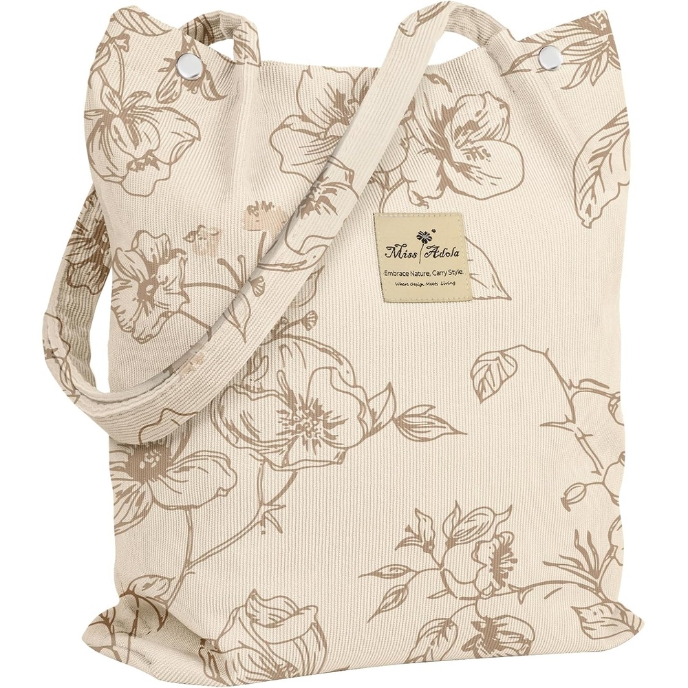 image:imageMiss Adola Corduroy Tote Bag for Women Reusable Totes with Magnetic Buckle amp Pocket Aesthetic Design Work Grocery BagsSimple Flower