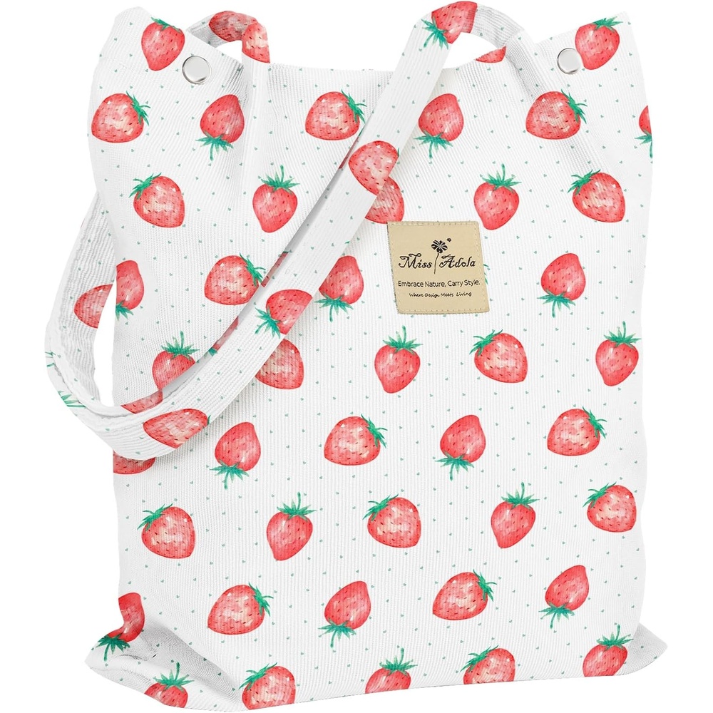 image:imageMiss Adola Corduroy Tote Bag for Women Reusable Totes with Magnetic Buckle amp Pocket Aesthetic Design Work Grocery BagsStrawberry Dots