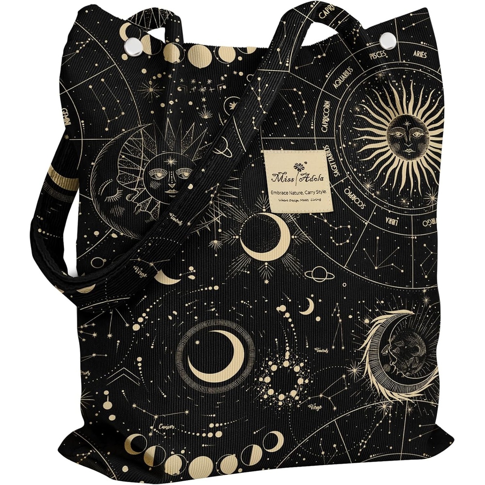 image:imageMiss Adola Corduroy Tote Bag for Women Reusable Totes with Magnetic Buckle amp Pocket Aesthetic Design Work Grocery BagsSun Stars