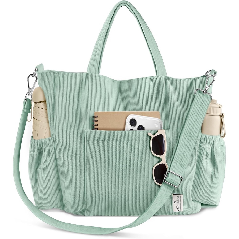 image:imageMiss Adola Crossbody Corduroy Tote Bag for Women Large Tote Bag with MultiPockets and Zipper for Travel WorkBeangreen