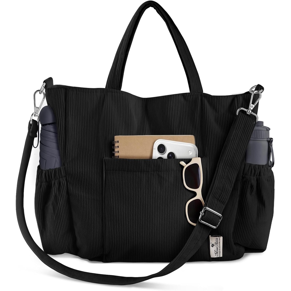 image:imageMiss Adola Crossbody Corduroy Tote Bag for Women Large Tote Bag with MultiPockets and Zipper for Travel WorkBlack
