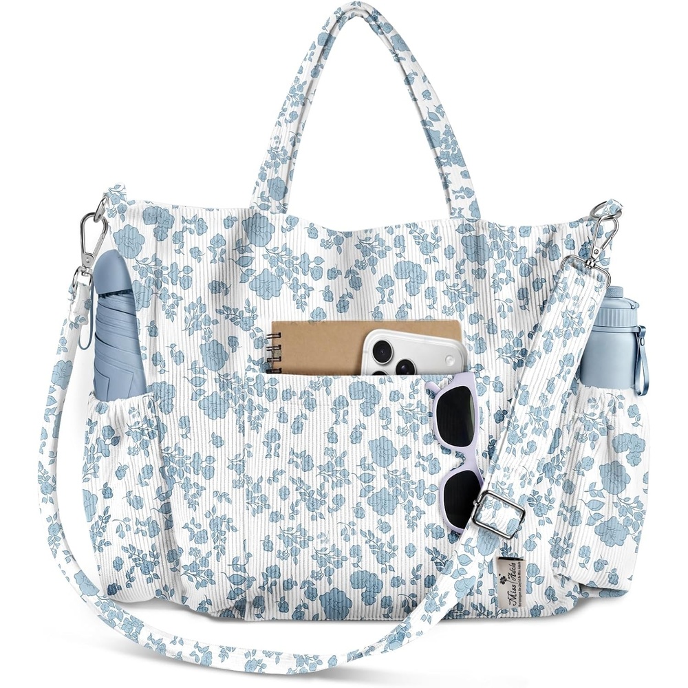 image:imageMiss Adola Crossbody Corduroy Tote Bag for Women Large Tote Bag with MultiPockets and Zipper for Travel WorkBluefloral